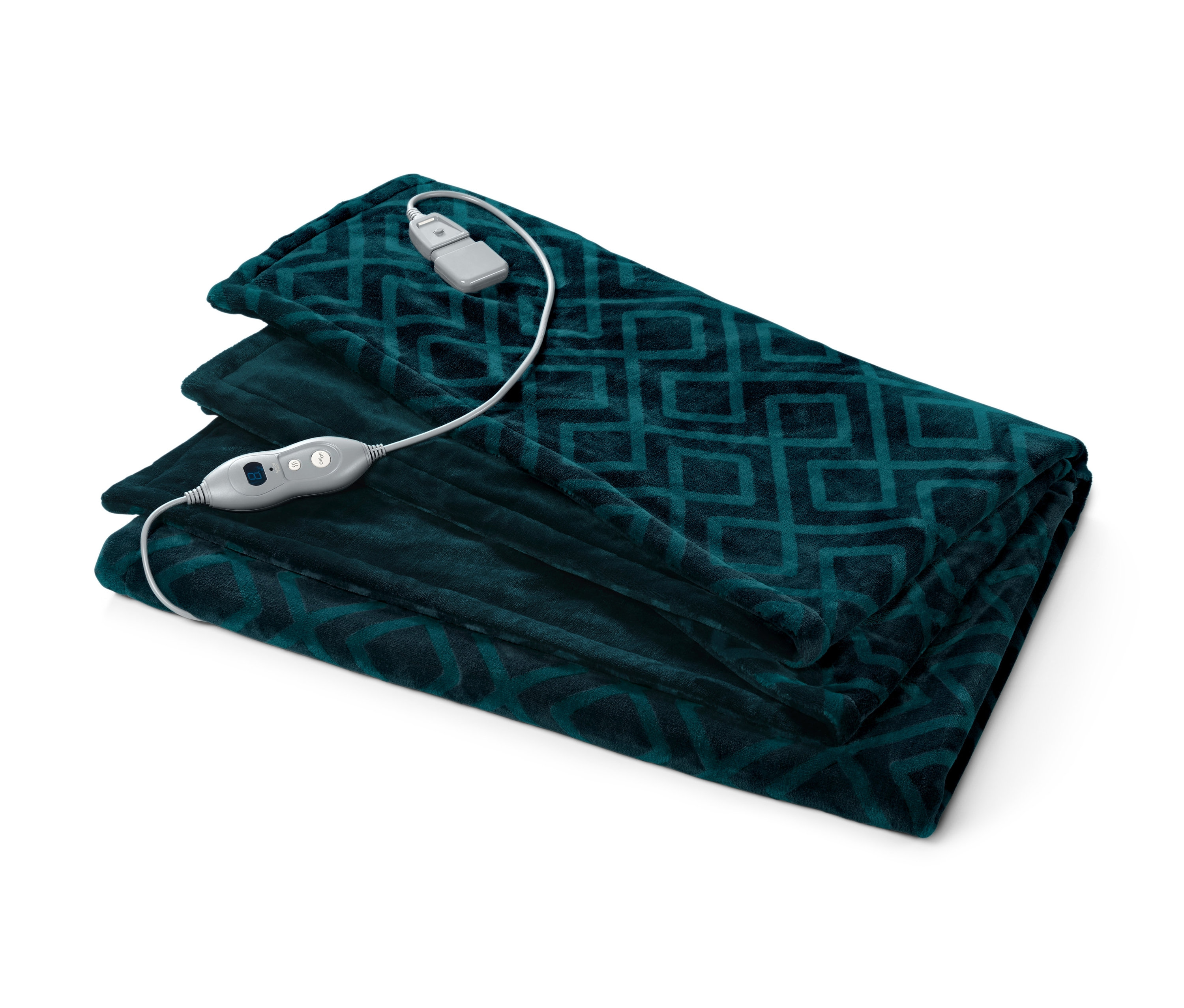 Złożony dwustronny koc elektryczny z geometrycznym wzorem i kontrolerem.