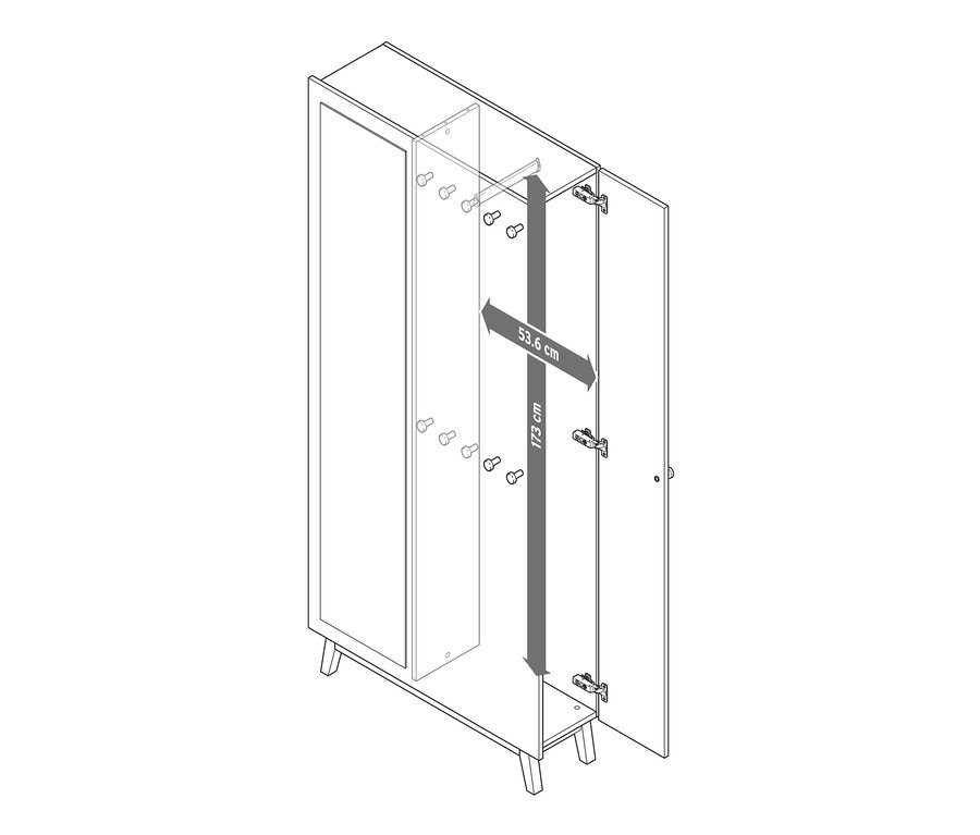 Rysunek wielofunkcyjnej szafy do przedpokoju z otwartymi drzwiami i wymiarami 53,6 cm i 173 cm.