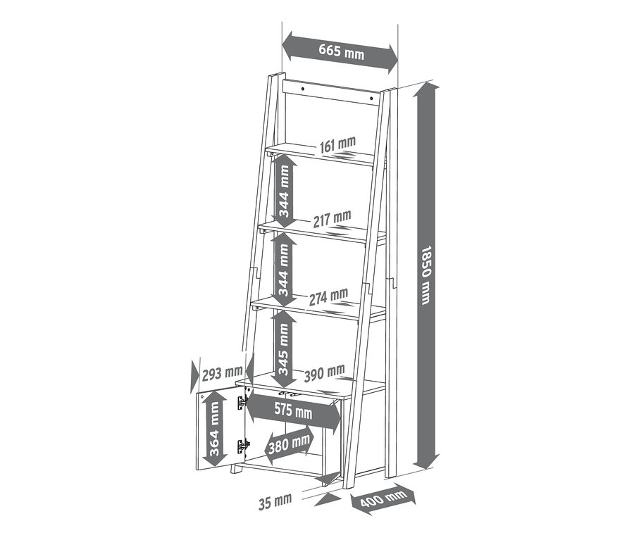 Wymiary półki-drabiny z zamykaną szafką.