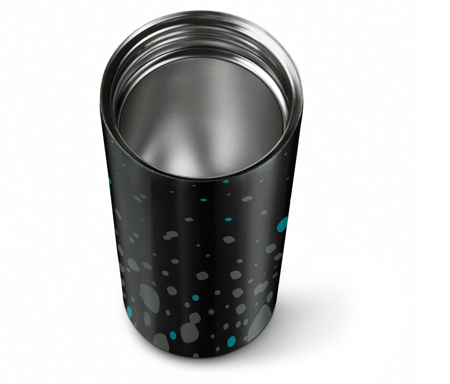 Szczegółowy widok z góry kubka termicznego na kawę Hybrid Black z niebieskimi i szarymi plamkami na czarnym tle.