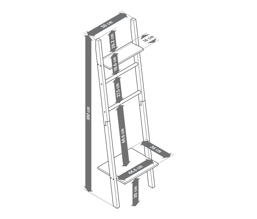 Rysunek regału-drabiny z zaznaczonymi wymiarami.