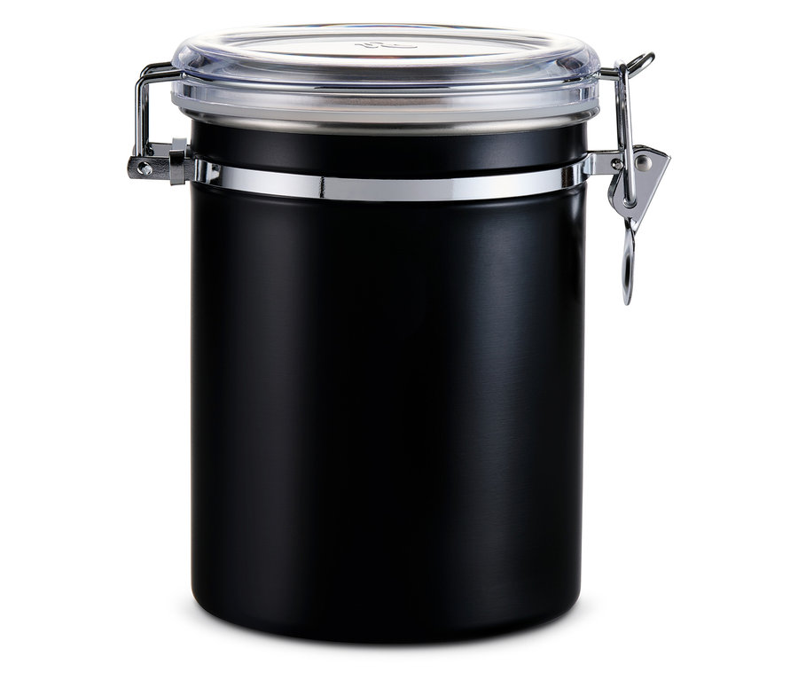 Czarna puszka zatrzymująca zapach z przezroczystą pokrywką.