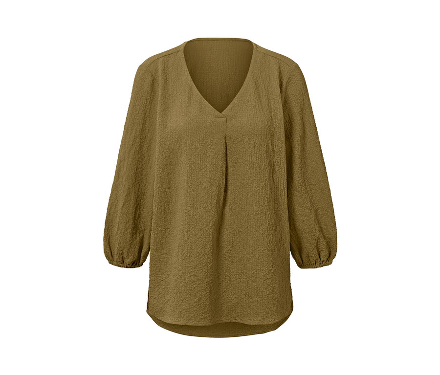 Brązowa bluzka-tunika z długimi rękawami i dekoltem w serek.