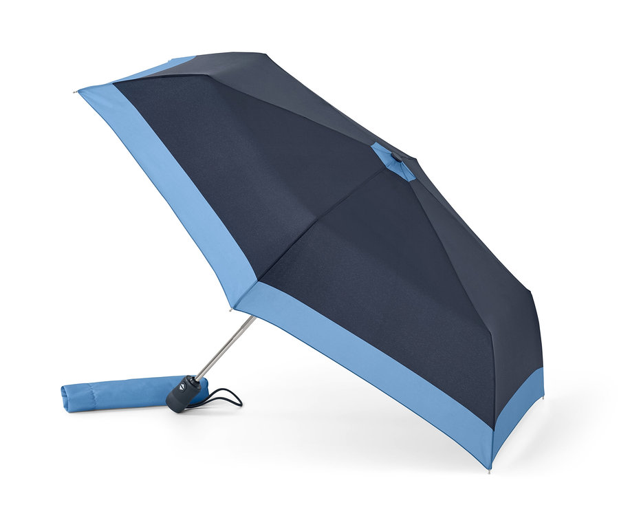 Rozłożony kieszonkowy parasol automatyczny z pokrowcem.