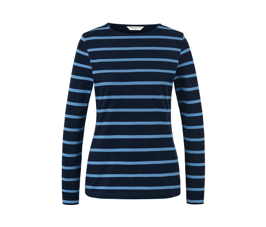 Granatowa, pasiasta koszulka z długimi rękawami.