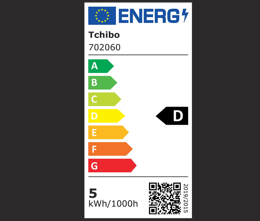 Etykieta energetyczna z klasami efektywności od A do G, z wyróżnioną klasą D.