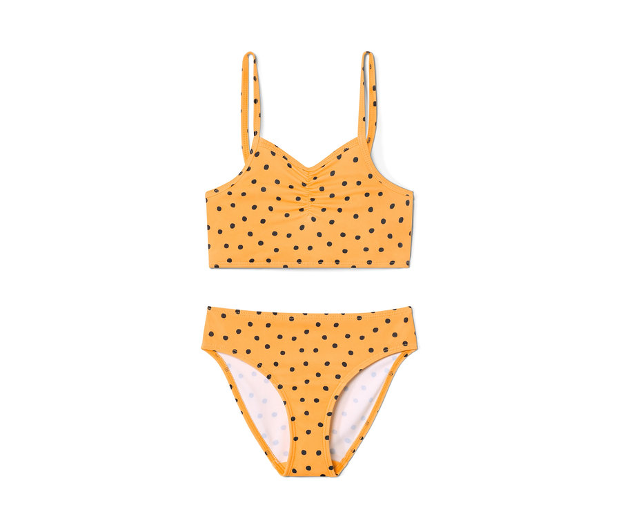 Żółty zestaw bikini dla malucha w czarne kropki.