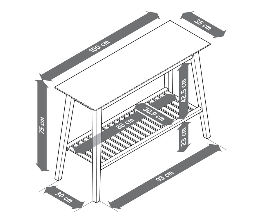 Wymiary konsoli z 2 półkami z drewna jesionowego: 75 x 100 x 35 cm.