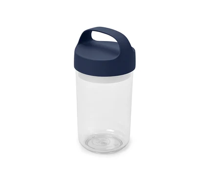 Pusty, przezroczysty pojemnik z granatową pokrywką i uchwytem.