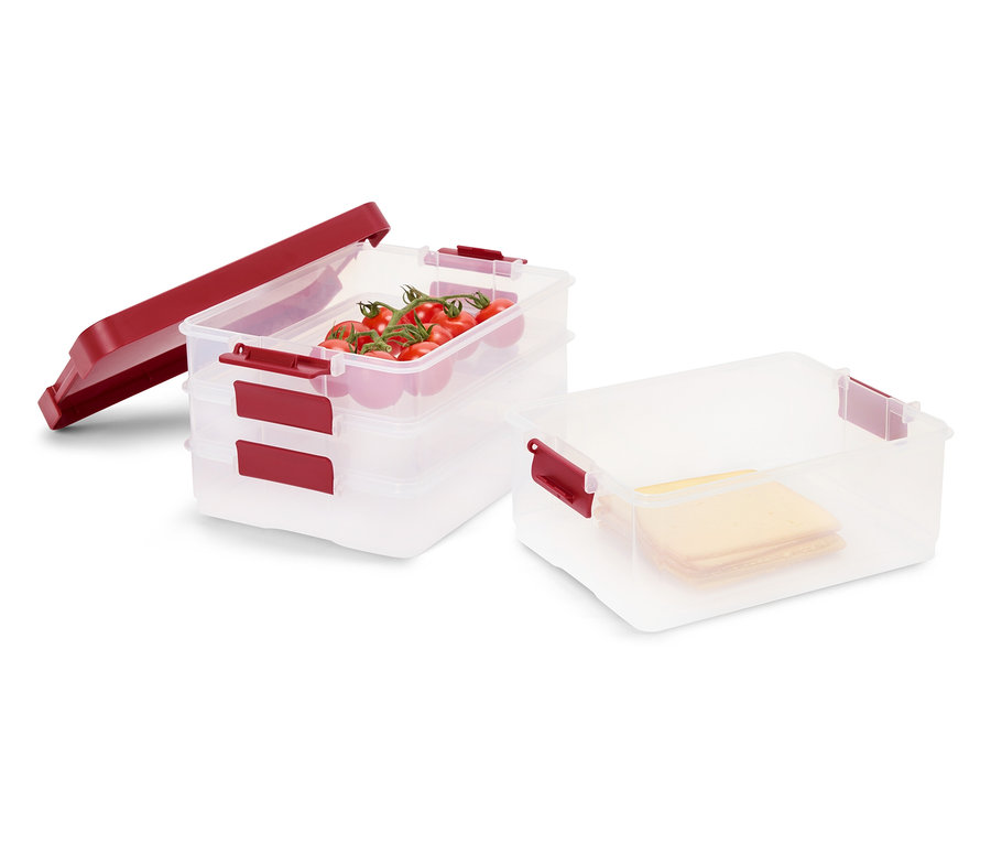 Składane pojemniki na żywność z pomidorami, serem i zdjętą pokrywką.