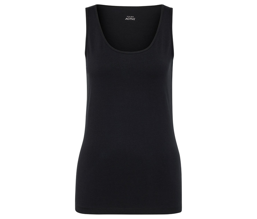 Czarny top sportowy bez rękawów.