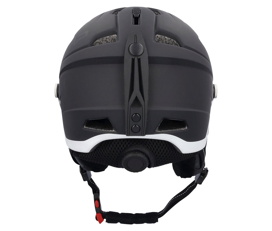 Widok z tyłu matowego, czarnego kasku z białym brzegiem i czarnym paskiem.