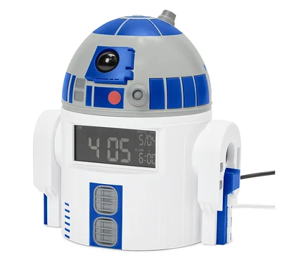 Budzik R2-D2 pokazuje godzinę 4:05 i datę 5/8.