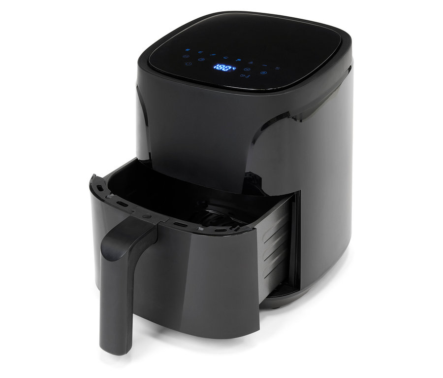 Czarna frytkownica beztłuszczowa z wysuniętym koszem.