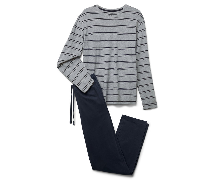 W paski szara piżama z długim rękawem i granatowe spodnie od piżamy ze sznurkiem.