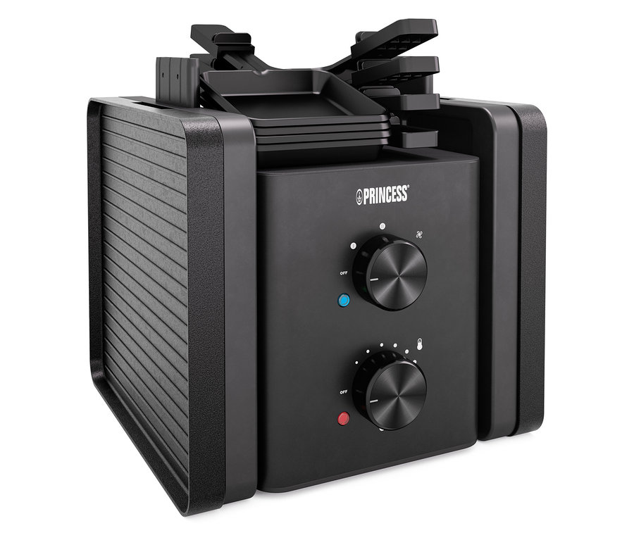 Czarny piekarnik wielofunkcyjny Princess z pokrętłami.