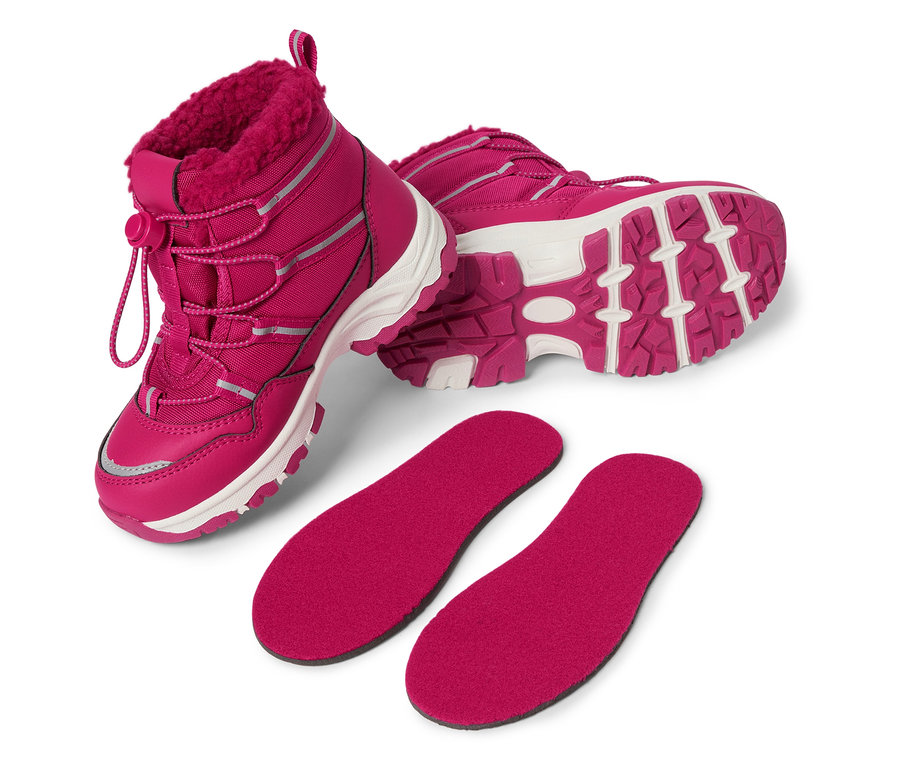 Para różowych butów zimowych z białymi podeszwami i wkładkami.