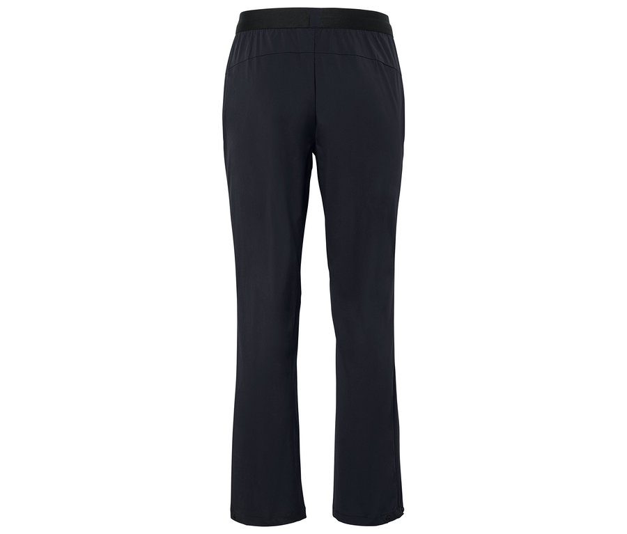 Granatowe spodnie z elastycznym pasem, widok z tyłu.