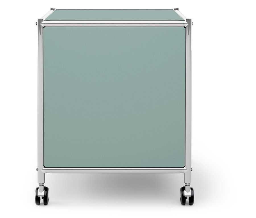 Zamknięty, miętowo-zielony pojemnik do przechowywania na kółkach.