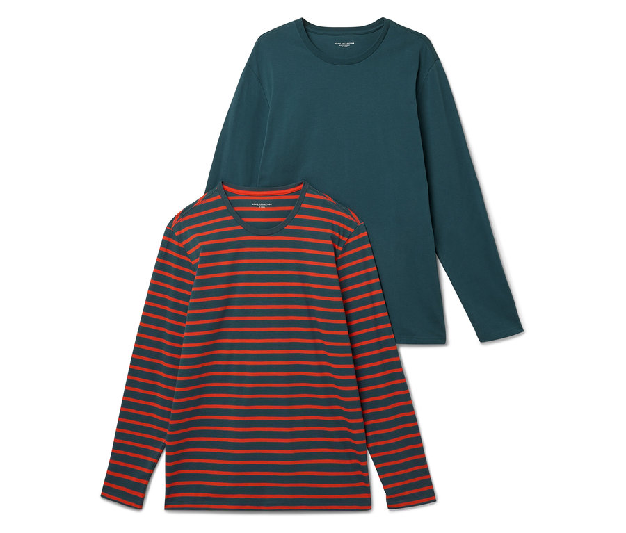 Dwie koszulki z długim rękawem: jedna zielona, a druga w czerwone paski na ciemnoszarym tle.