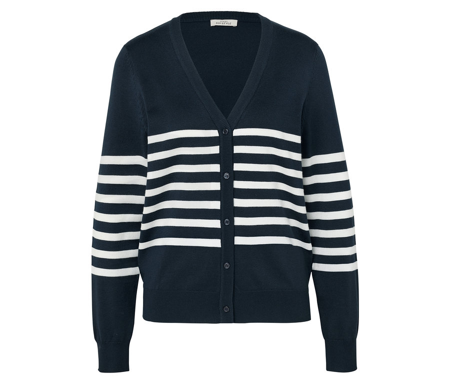 Granatowy kardigan z dzianiny w białe paski.