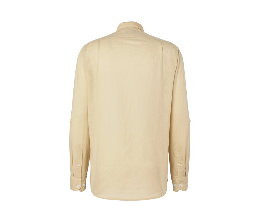 Żółta koszula z lnem z długimi rękawami, widok z tyłu.