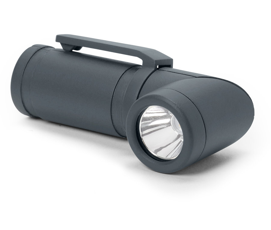 Szczegół szarej lampy LED 2 w 1 na białym tle.