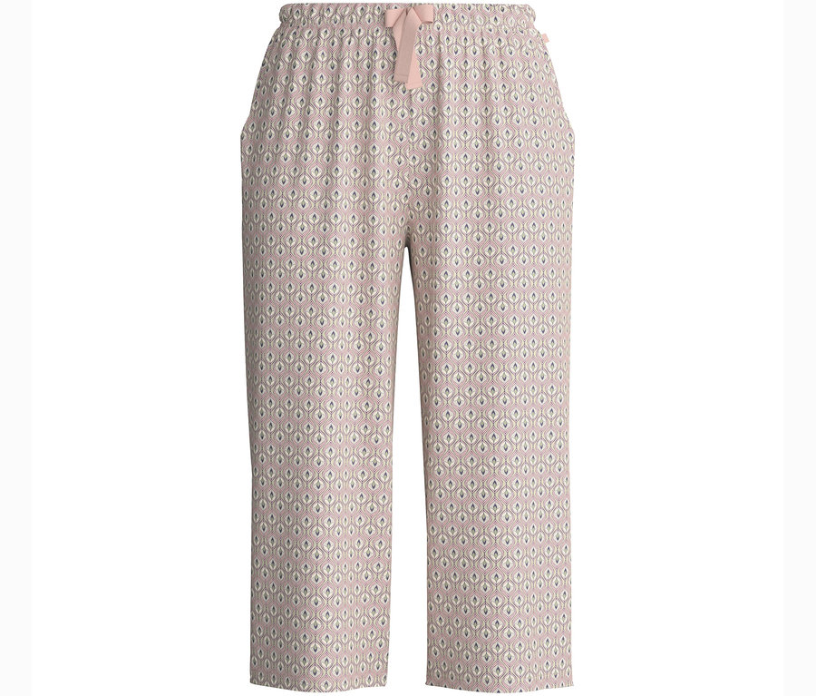 Widoczne spodnie z nogawkami 3/4 Calida „Favorites Arts” z wzorem i kokardą w pasie.