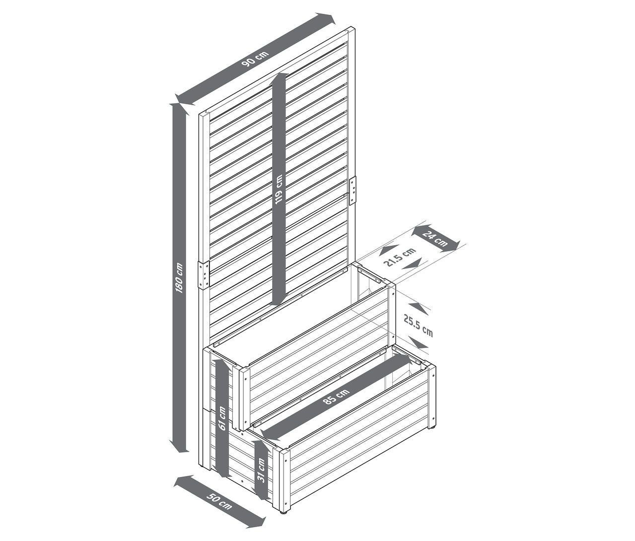 Widok z góry schodkowego stojaka na rośliny z funkcją parawanu 2 w 1 z wymiarami.