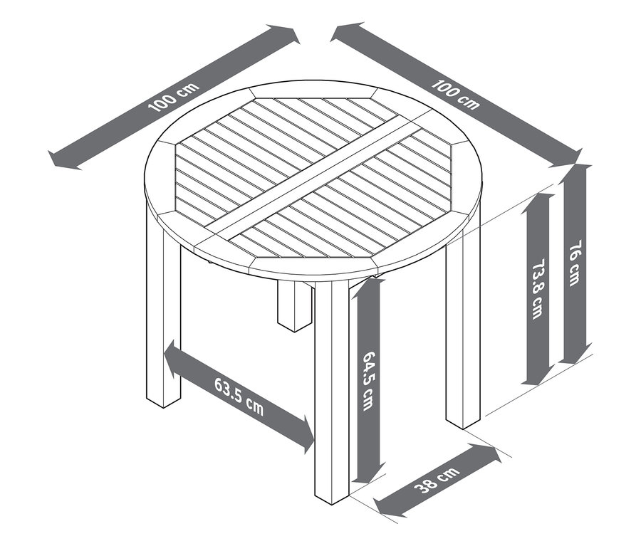 Schemat okrągło-owalnego rozsuwanego stołu ogrodowego o wymiarach ok. 100–150 cm wraz z wymiarami.