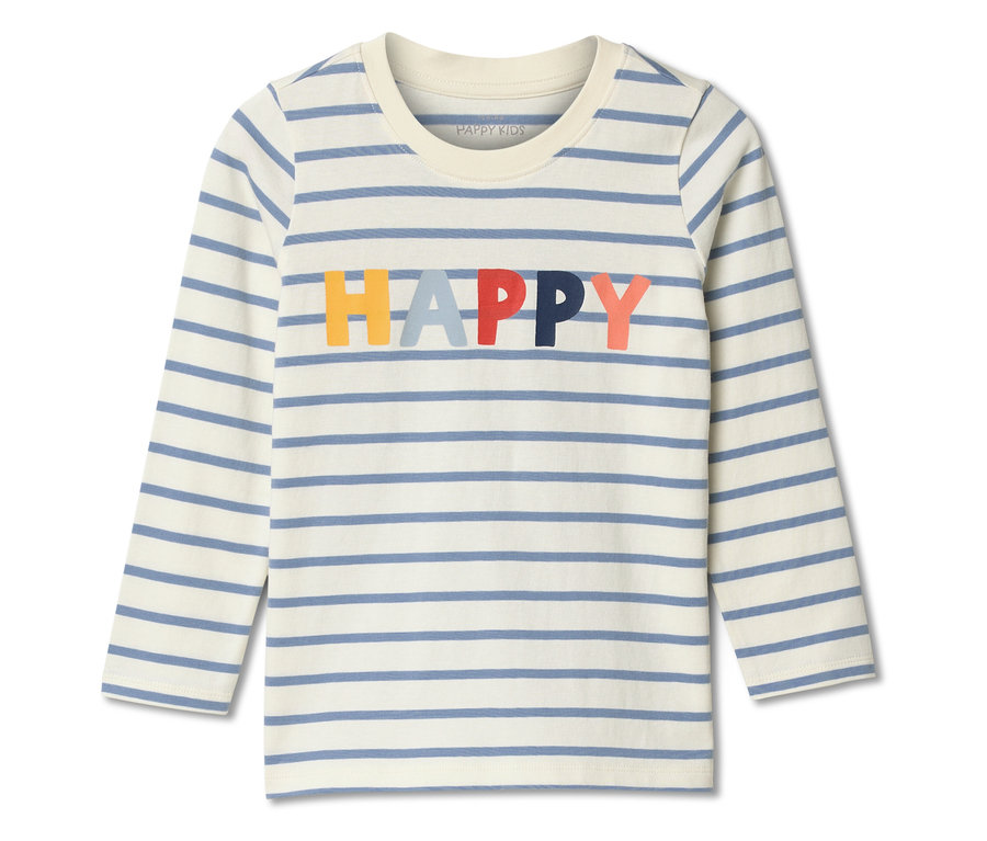 Pasiasta koszulka z długim rękawem z napisem "HAPPY" w kolorowych literach.