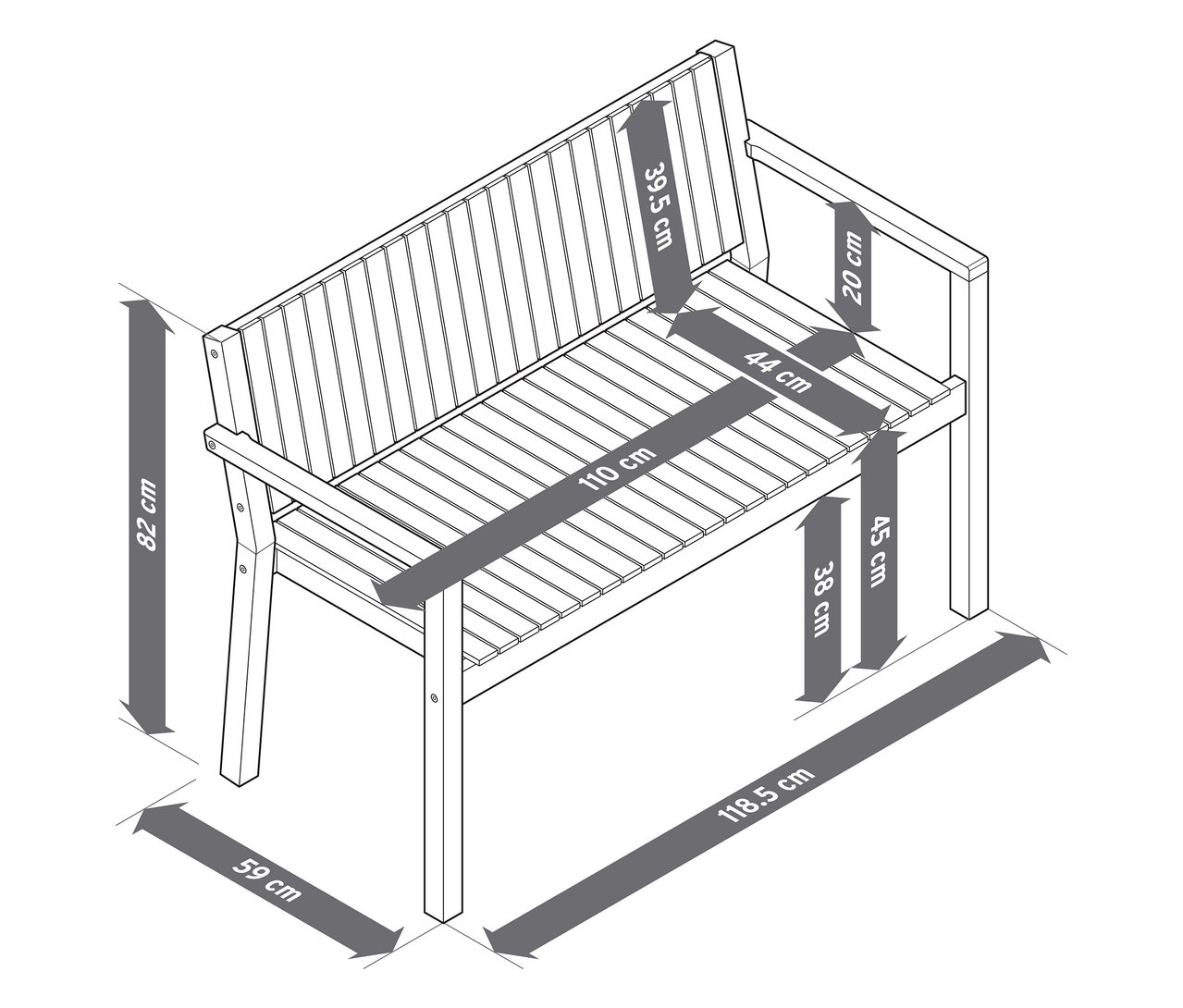Ilustracja ławki ogrodowej o długości około 120 cm wraz z wymiarami.