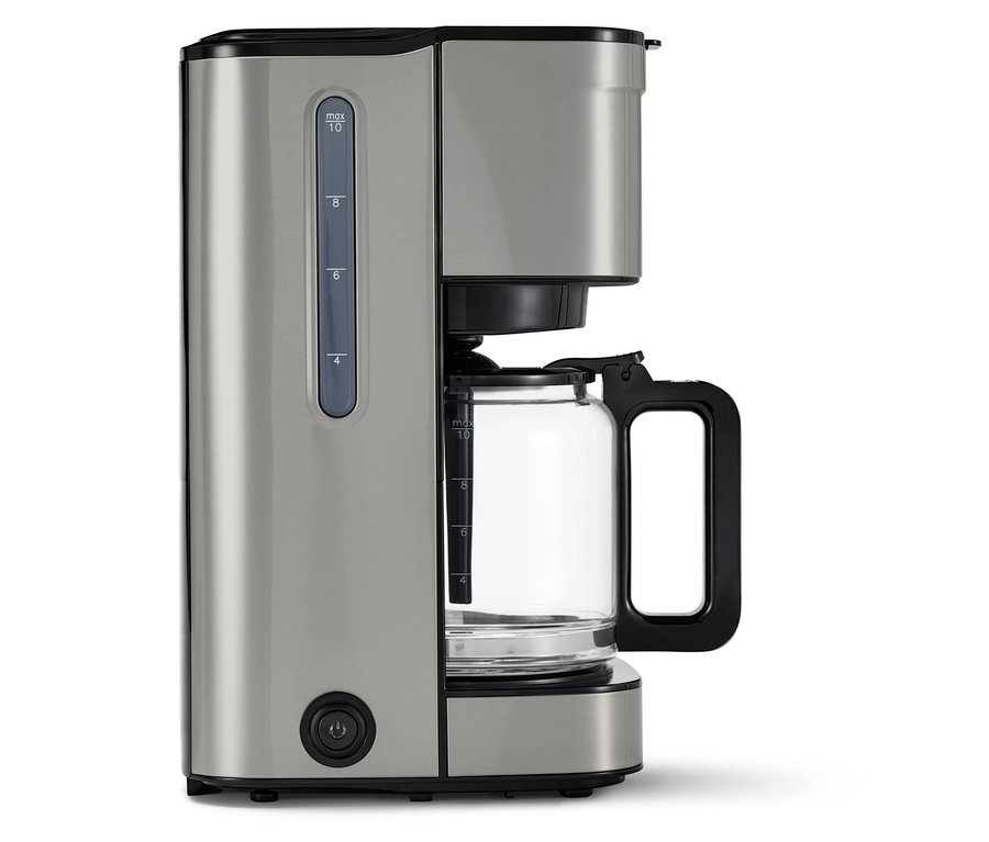 Srebrny ekspres przelewowy »Let's Brew Elegant«. Ekspres do kawy ma szklany dzbanek.