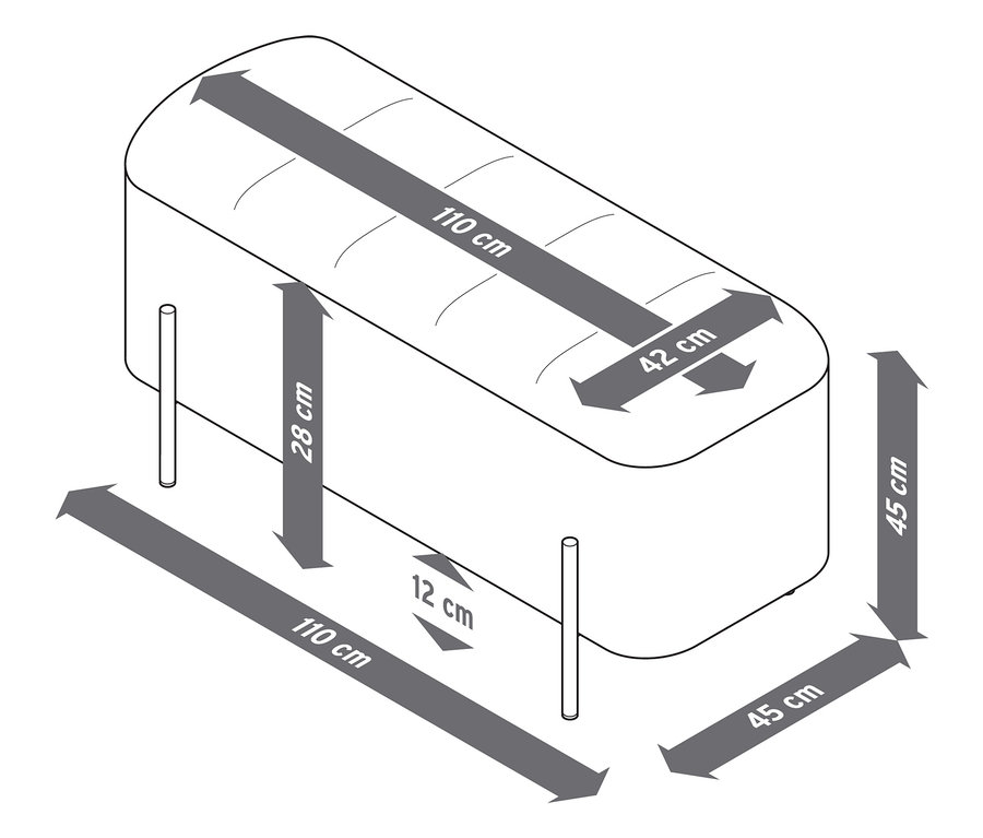 Ilustracja ławki ze skrzynią z wymiarami.