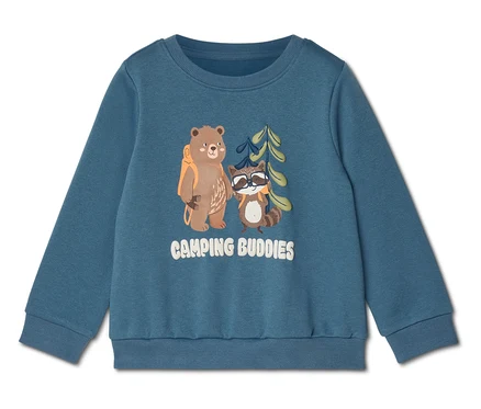 Niebieska bluza z nadrukiem niedźwiedzia z plecakiem, szopa pracza w okularach przeciwsłonecznych i napisem "Camping Buddies".