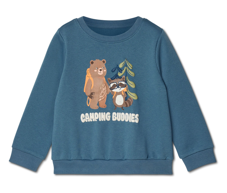 Niebieska bluza z nadrukiem niedźwiedzia z plecakiem, szopa pracza w okularach przeciwsłonecznych i napisem "Camping Buddies".