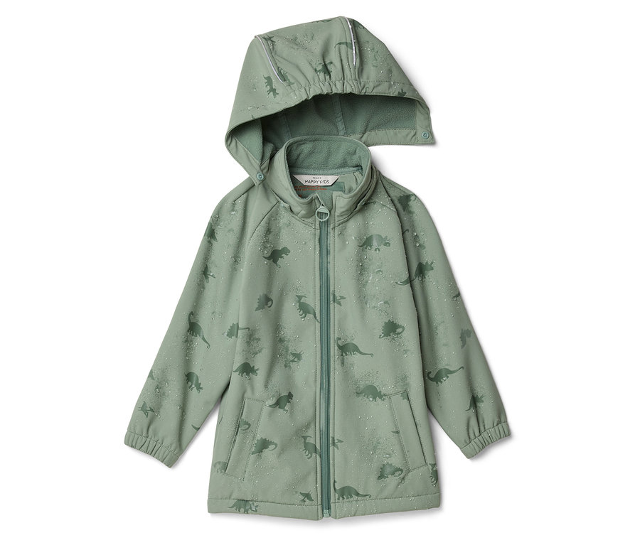 Zielona kurtka softshell dla dzieci z kapturem, wzorem w dinozaury, zamkiem błyskawicznym i kieszeniami.
