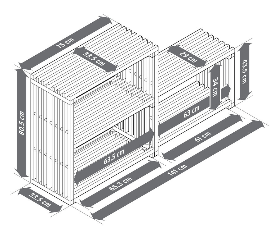 Szczegółowy rysunek techniczny rozsuwanego regału schodkowego z wymiarami.
