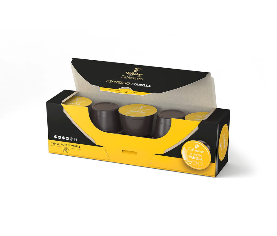 Otwarte, czarno-żółte opakowanie Cafissimo Flavoured Espresso – Vanilla – 10 kapsułek.