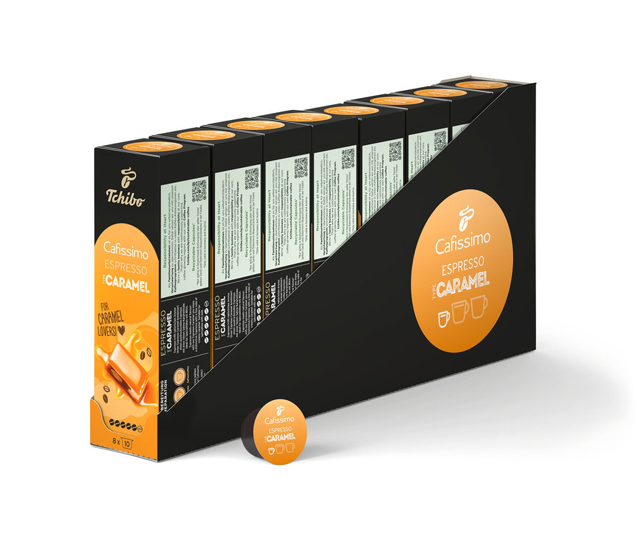 Paczka kapsułek Cafissimo Espresso Caramel, 80 kapsułek w czarno-białym opakowaniu.