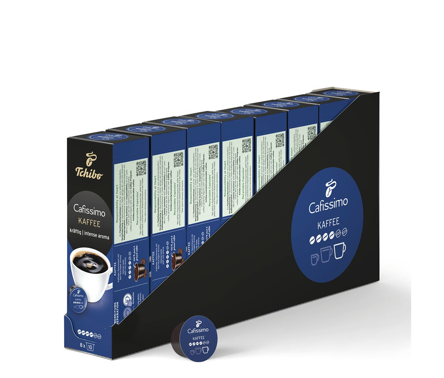 Pudełko kapsułek Cafissimo Kaffee kräftig - 80 Kapseln w uchwycie.