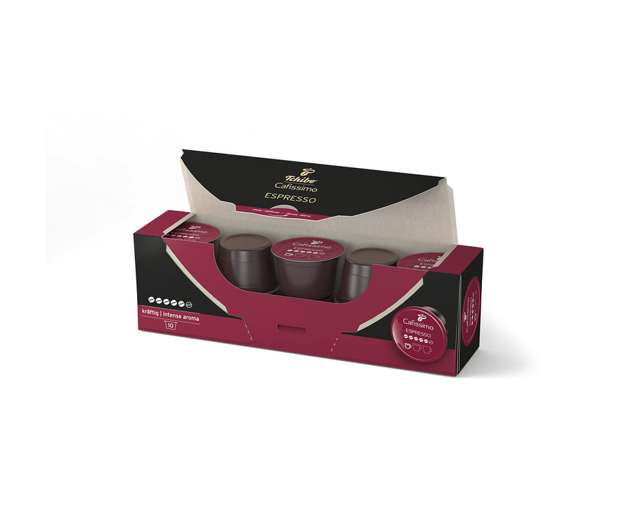 Otwarte ciemnoczerwone opakowanie 10 kapsułek kawy Tchibo Cafissimo Espresso Intense Aroma, ukazujące kilka ciemnobrązowych kapsułek.