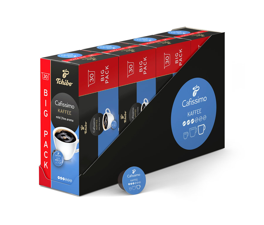 Ekspozytor pokazuje pięć opakowań Cafissimo Kaffee. Pojedyncza kapsułka leży przed nimi.