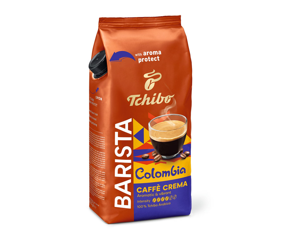Widoczna paczka kawy ziarnistej BARISTA Origins Colombia – 1 kg z oznaczeniem chroniącym aromat i logo Tchibo.