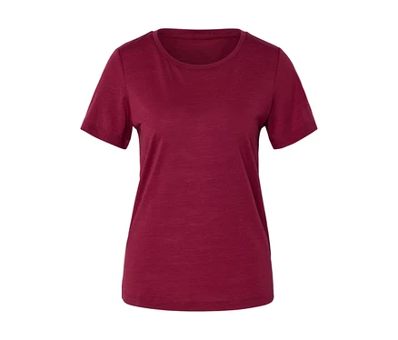 Prosty, bordowy T-shirt z krótkim rękawem i okrągłym dekoltem, na białym tle.