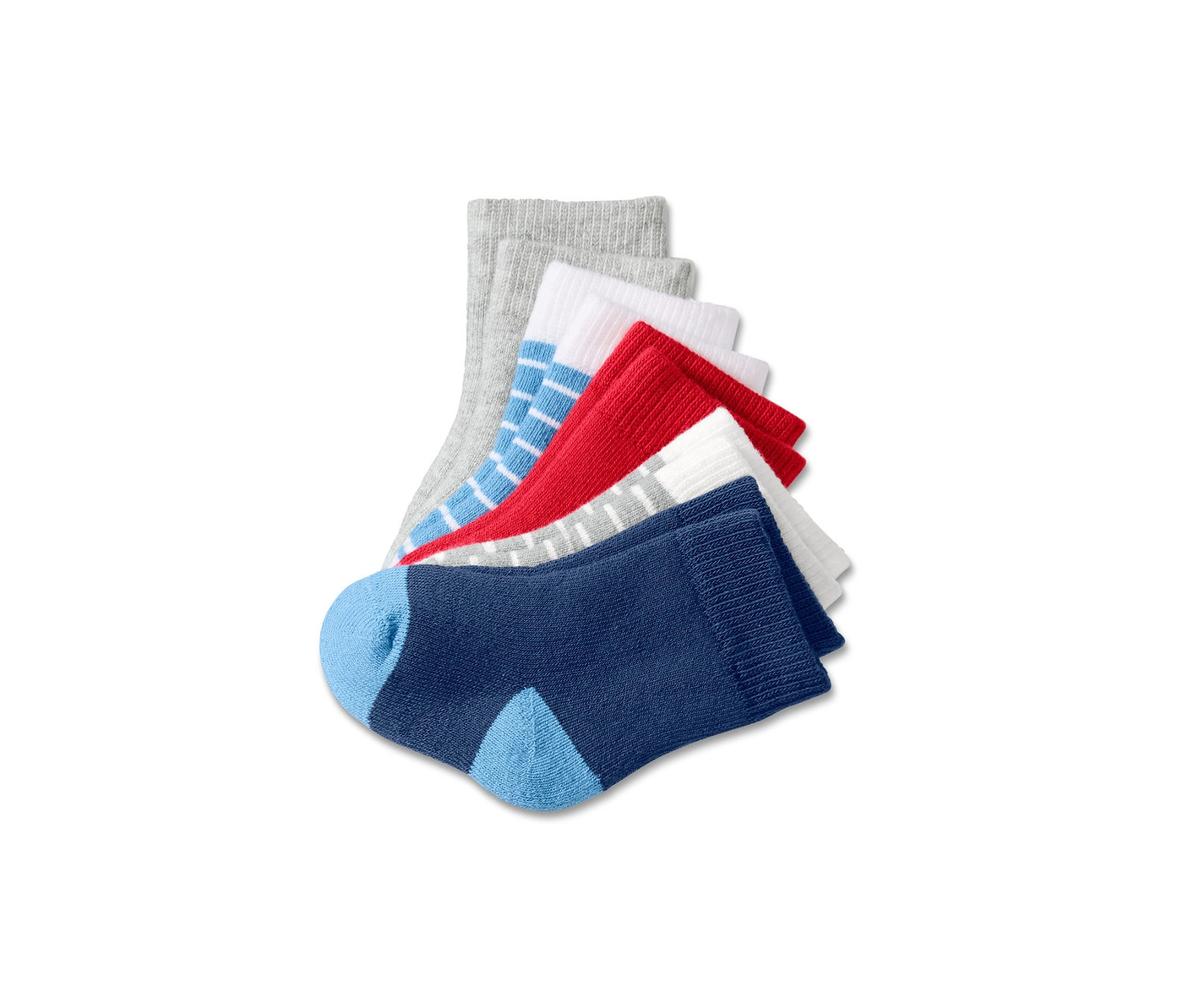 Pięć par skarpet frotté dla maluszków w różnych kolorach.