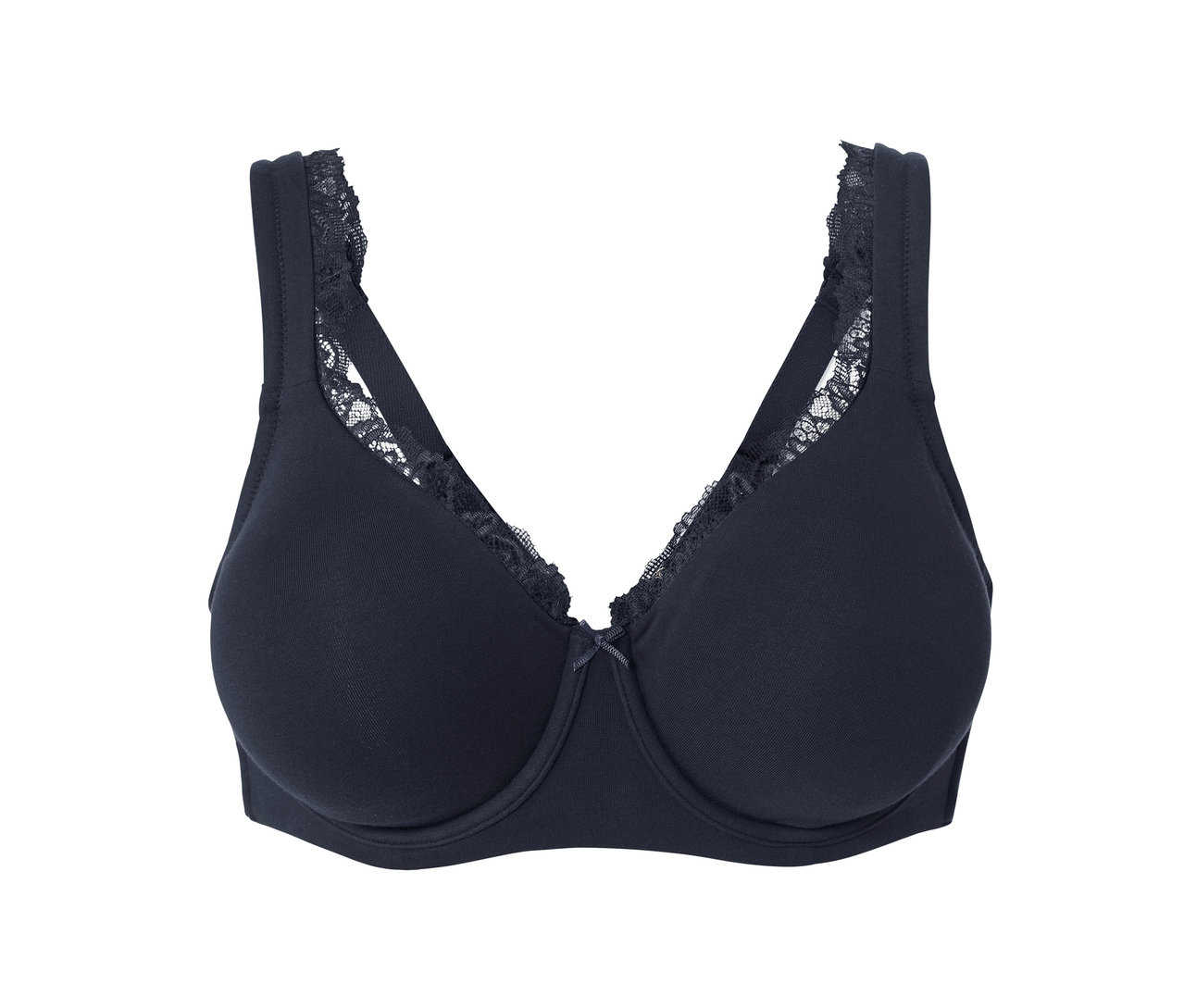 Czarny biustonosz z fiszbinami i koronkowym wykończeniem na białym tle.