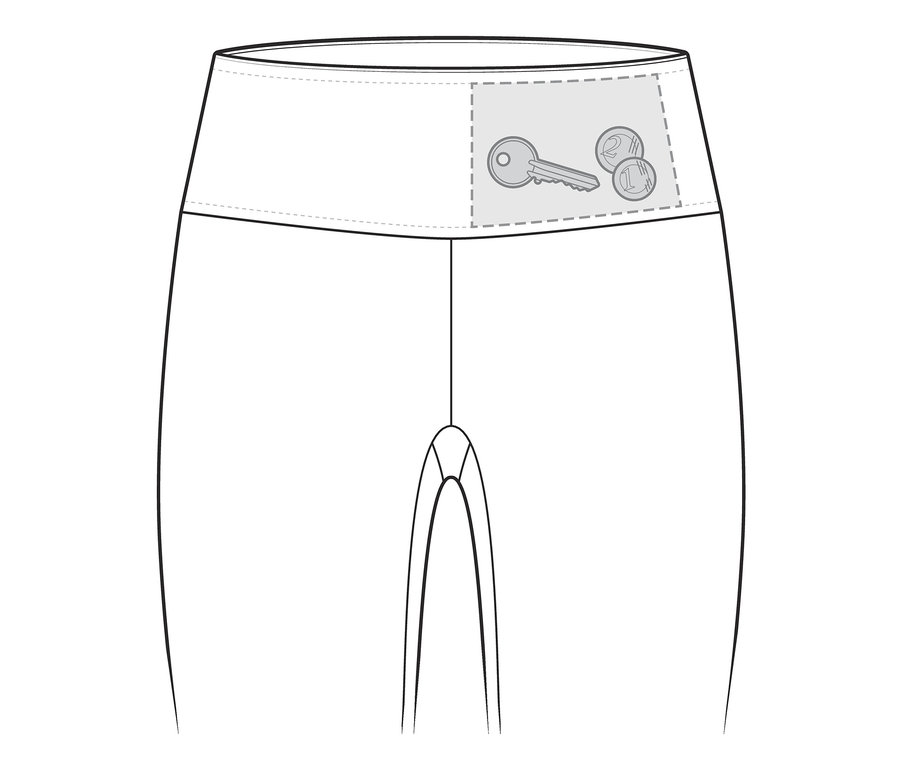 Ilustracja górnej części damskich legginsów sportowych z wysokim stanem z kluczem i monetami w kieszeni.