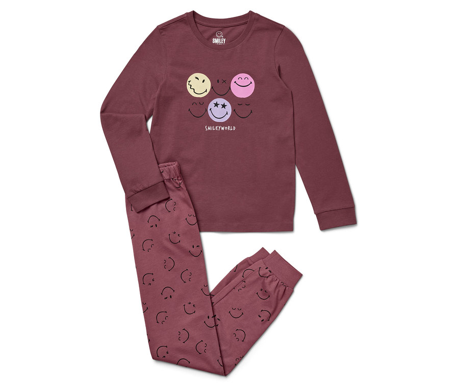 Bordowa piżama z długim rękawem i spodniami z nadrukiem uśmiechów.
