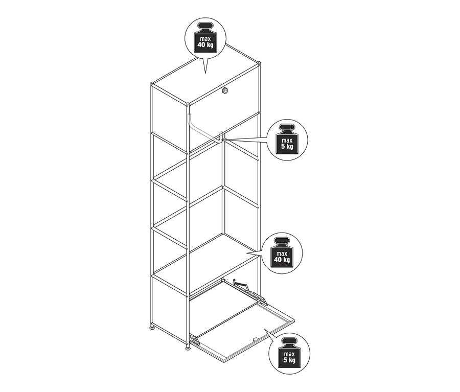 Rysunek metalowej garderoby »CN3« z otwartą dolną szafką i ograniczeniami wagowymi.